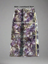 Recycled denim skirt, light yellow with moss•eggplant